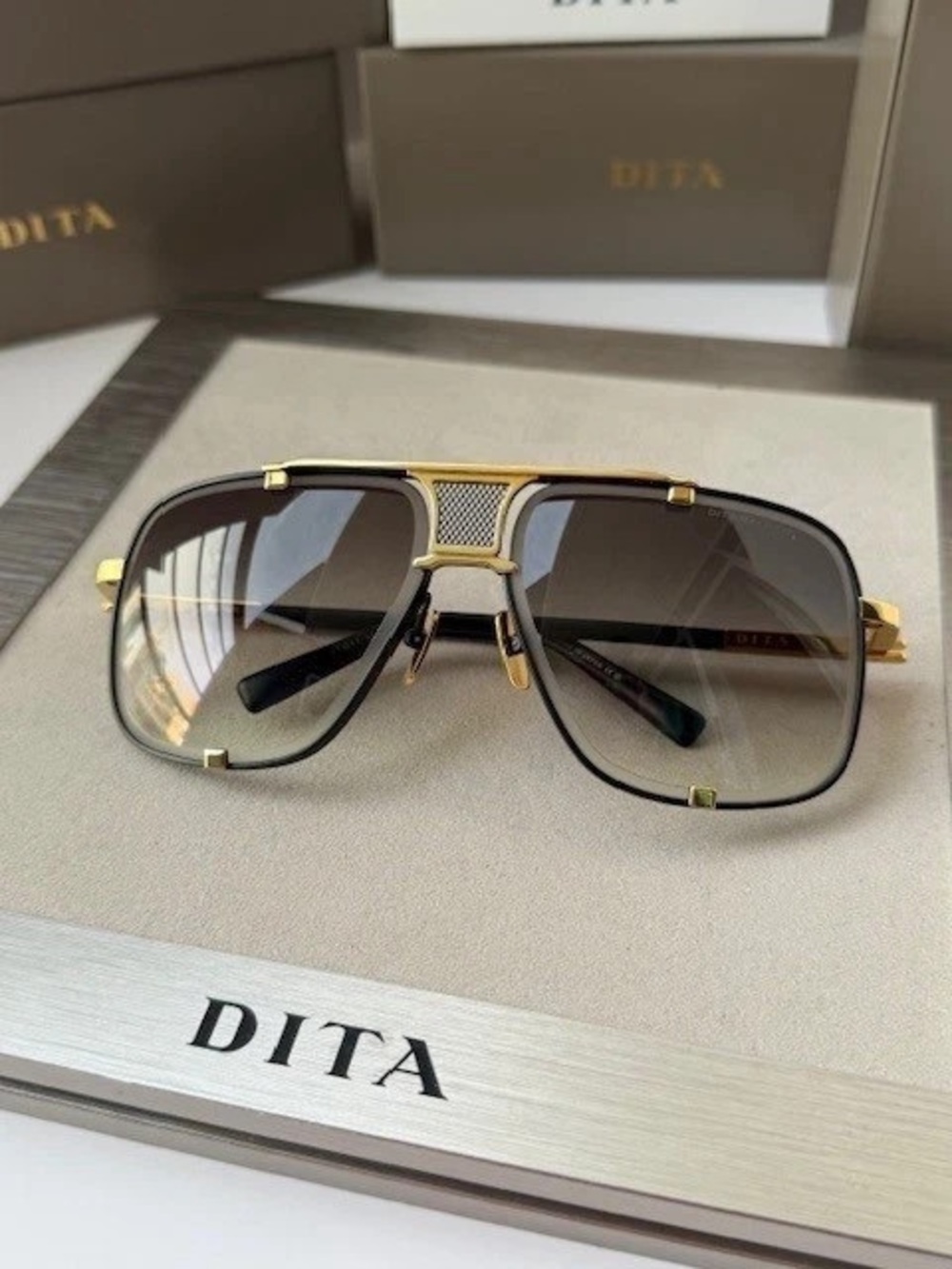 DITA Gold and Black Pilot Sunglasses with Gradient Lenses